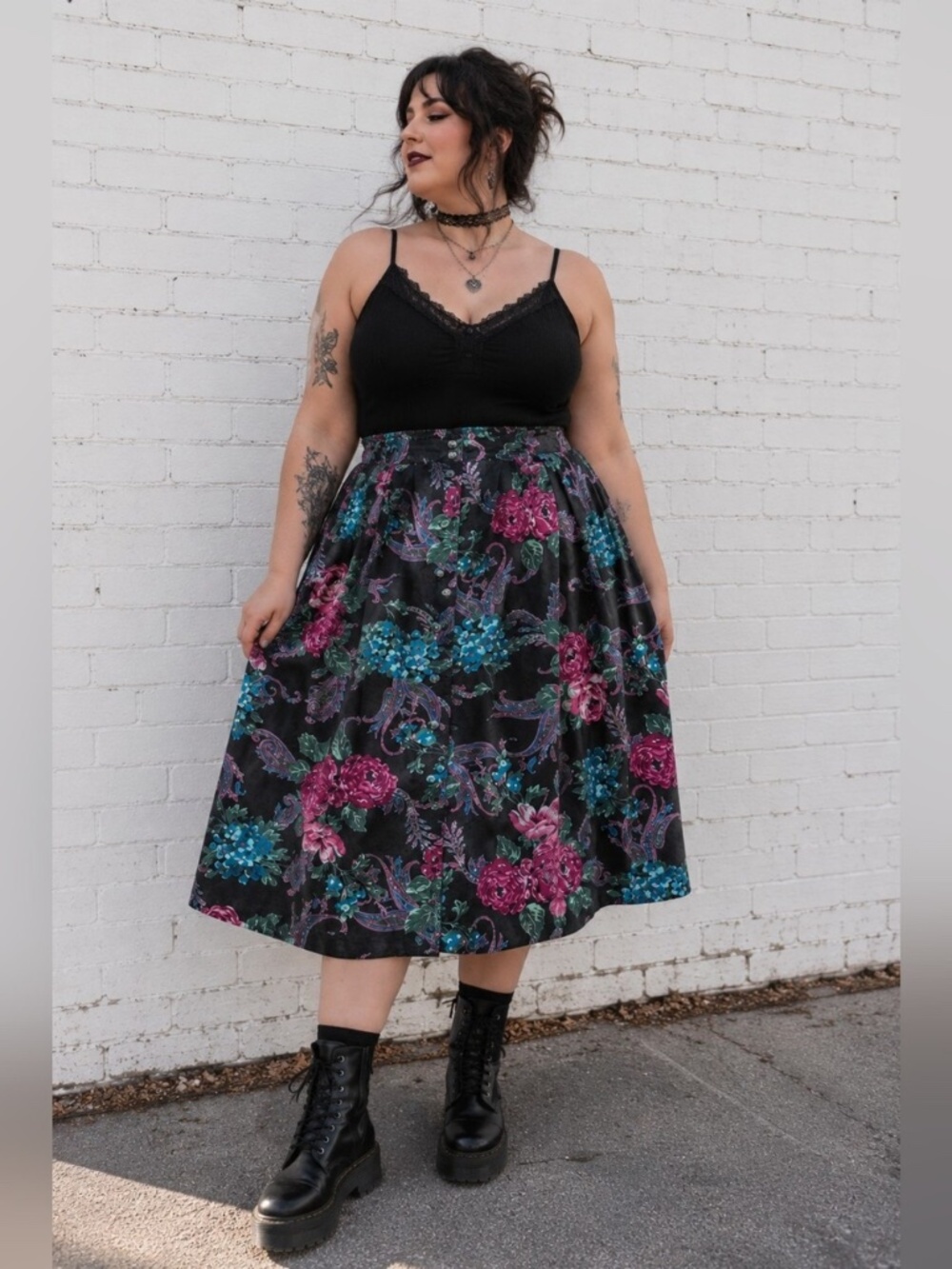 Vtg 90's Whimsigoth Fairy Floral Button Down Midi Skirt High Waisted L/XL